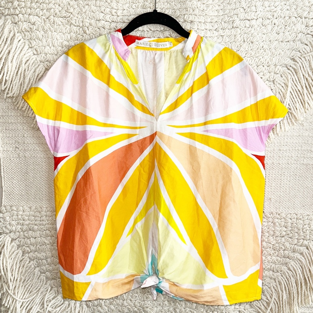 MARIE OLIVER orange and yellow butterfly tie front silk top S